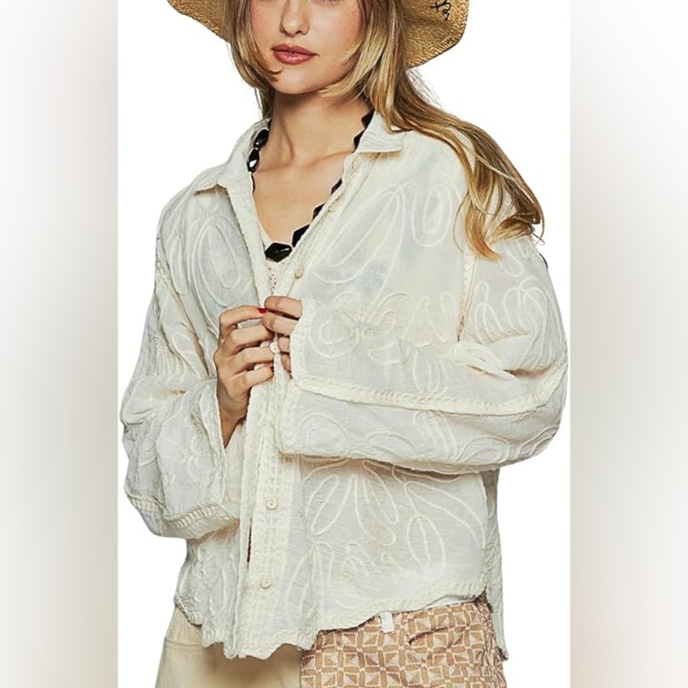 POL Textured Lace Button Down Top (OS/Large)